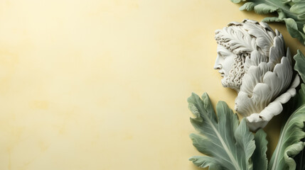 Art sculpture of ancient Italian from marble with artichoke isolated on a pastel background with a copy space 