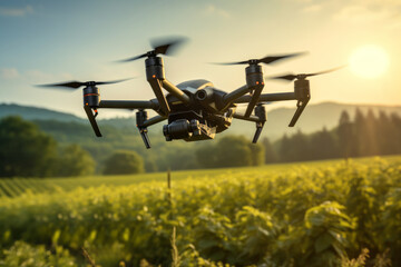 Aerial view of a modern agricultural drone flying over a vibrant green field