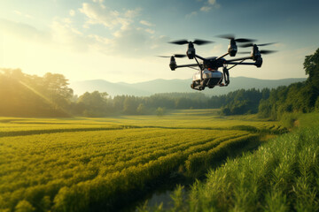 Aerial view of a thriving green field with an agricultural drone in action