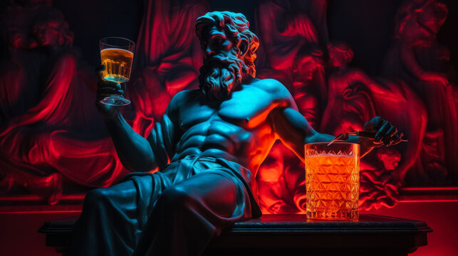 Antique statue in neon light with Whiskey Sour cocktail modern concept background with a copy space 