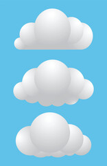 White 3d clouds set isolated on a blue background. Fluffy clouds. Vector illustration.