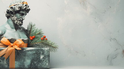 Art sculpture of ancient Italian from marble with new year gifts tree isolated on a pastel background with a copy space 