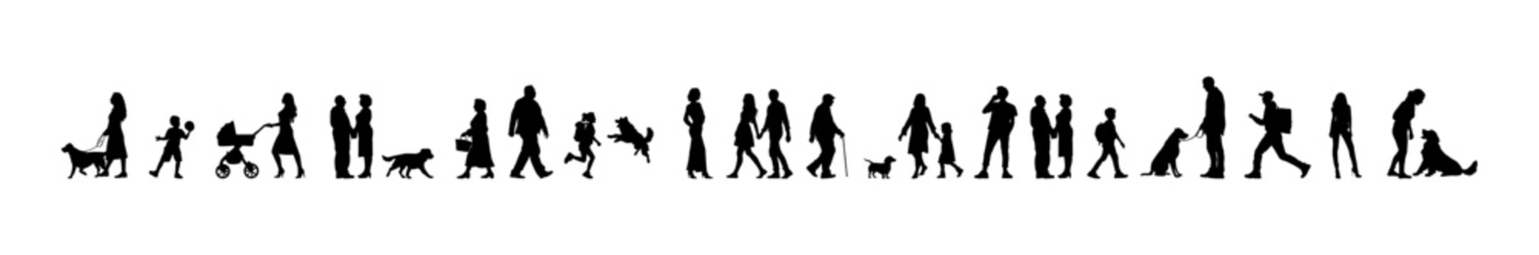 Vector illustration. Silhouettes of dogs of different breeds and sizes. Big set of animals and people. Dog lovers in the park.