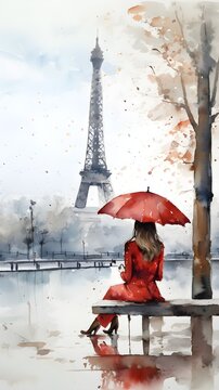 Autumn Park Bench in Paris: Eiffel Tower and with Lady Red Coat and Umbrella