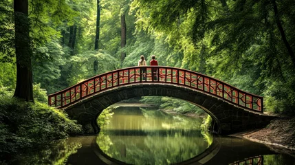Keuken spatwand met foto People standing on a stone bridge in the forest © giedriius