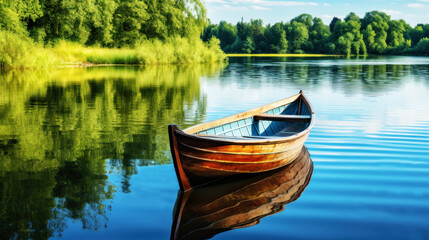 Wooden rowing boat on a calm lake