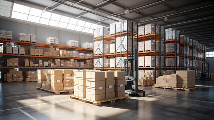 White warehouse with organized shelves laden with boxes. The image exemplifies efficiency, orderliness, and the seamless operation of a well-managed storage system.