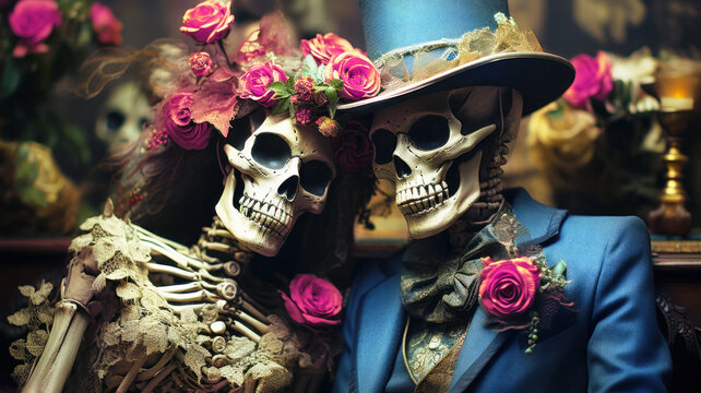 Close-up of two skeletons, bride and groom, on a wedding day