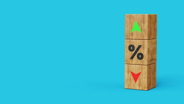 Cube block with percentage symbol icon on blue background. Interest rate, Financial, Business concept. Copy space. 4K 3D animation