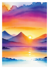 Vector watercolor painting of sunrise with a mountain in the background