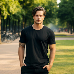 Gloomy young model in a clean unlabeled t-shirt mockup