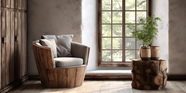Hand-crafted barrel chair made from solid wood and stump coffee table near grunge stucco wall and window. Rustic style interior design of modern living room in farmhouse