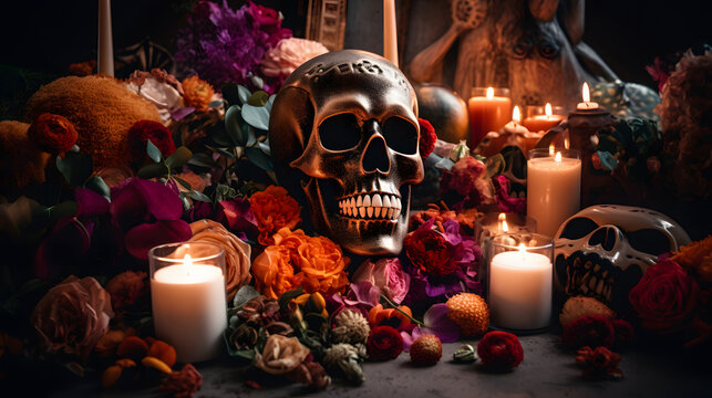 Dia de los muertos skull, surrounded by flowers and candles. Skull. Calavera, calavera de azucar, sugar skull. Pattern of colorful skulls and flowers, dia de los muertos. Mexican hat.