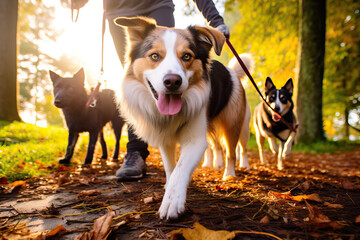 Professional Dog Walkers. Dog Walking Business, Services. Professional dog walker, pet sitter walking with different breed and rescue dogs on leash at city park - obrazy, fototapety, plakaty