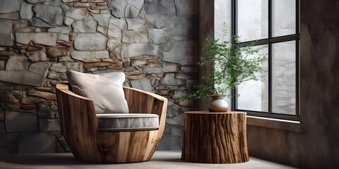 Fototapeta na wymiar Hand-crafted barrel chair made from solid wood and stump coffee table near grunge stucco wall and window. Rustic style interior design of modern living room in farmhouse