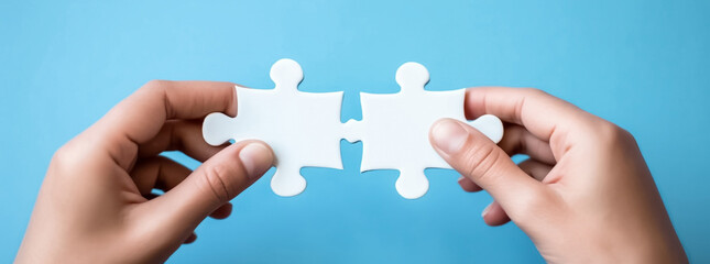 Close-up shot, a businessman's hand meticulously holds, assembles jigsaw puzzle, symbolizing collaborative spirit strategic synergy that drives business success. Generative AI.