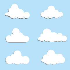 White clouds set isolated on a blue background. Clouds collection vector illustration. Cloud icons, labels.