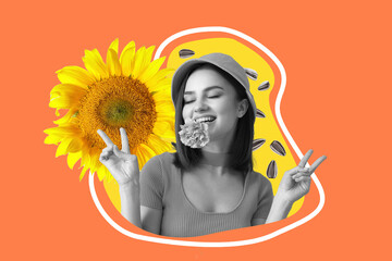 Collage with beautiful young woman and sunflower on orange background