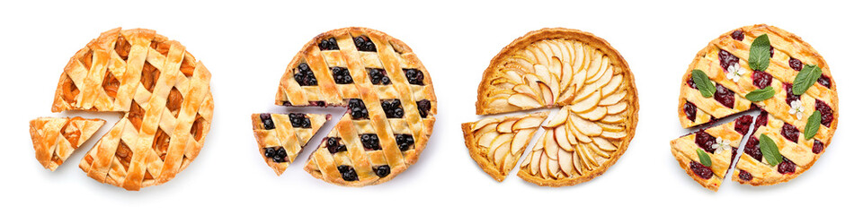 Set of different pies on white background, top view