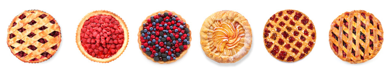 Set of different fruit and berry pies on white background, top view © Pixel-Shot