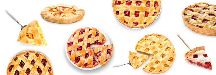 Set of many different pies on white background