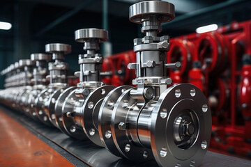 Fototapeta premium Stainless steel valve storage in warehouse