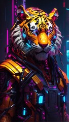 The artwork of robot cyborg tiger in cyberpunk style with futuristic city background and neon light in vertical dimension created with AI Generated technology.