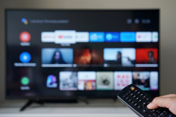 A Woman holding smart tv remote to select her favorite streaming channel.              