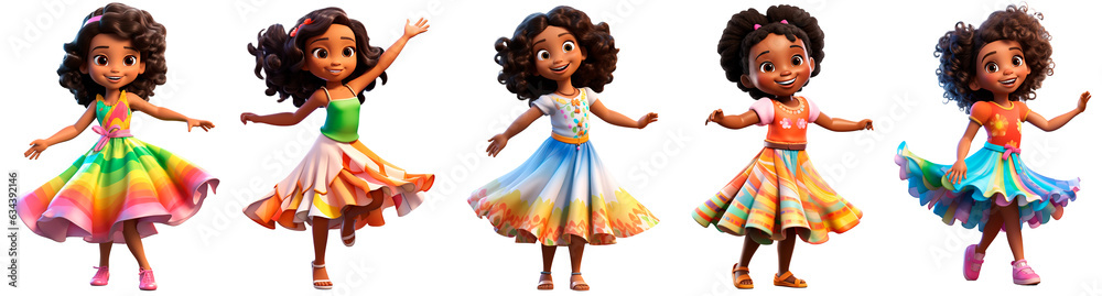 Wall mural Set happy cute dark skin girls dance 3D render character cartoon style Isolated on transparent background - Wall murals