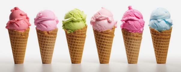 Several ice cream cones with different flavors in a waffle cone on a white background