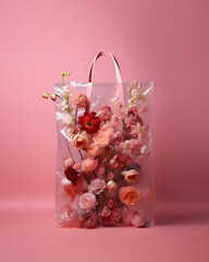 Transparent plastic shopping bag full of colorful summer flowers, creative fashion concept, pastel pink background.