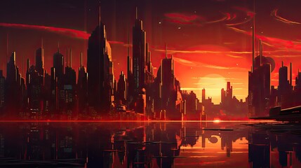 Futuristic city skyline at sunset with sleek architecture and glowing skyscrapers. 