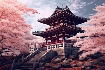 Ancient Japanese temple nestled among cherry blossom trees in full bloom.