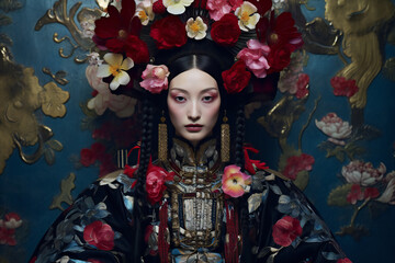 Portrait of a beautiful geisha with flowers in her hair, Generative AI