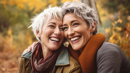 Active interracial lesbian retired couple on a walk in a fall park. Generative AI