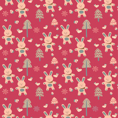 seamless pattern for the New Year holiday with hares, mittens, felt boots and Christmas trees for backgrounds, wallpapers, cards