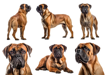 Bullmastiff dog puppy, many angles and view portrait side back head shot isolated on transparent background cutout, PNG file