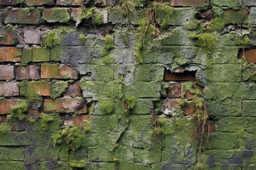 Old brick wall with green moss,  Background and texture for design