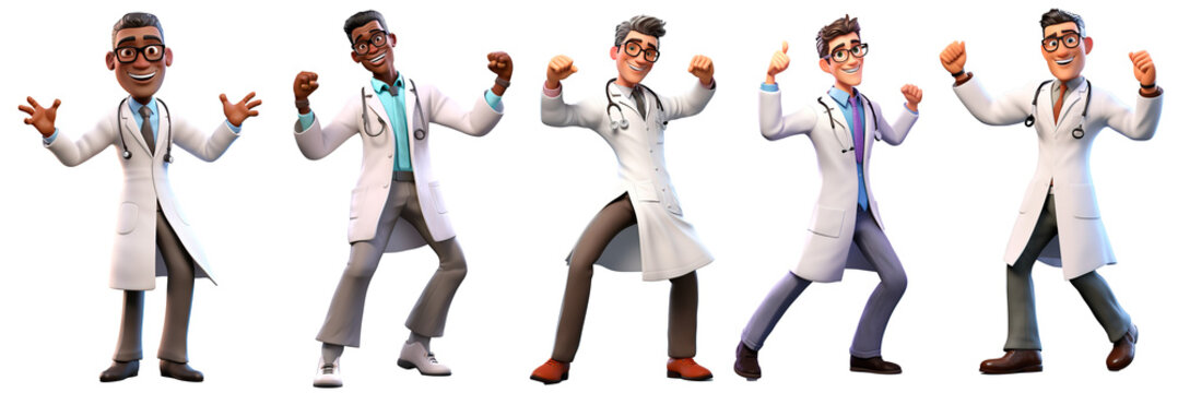 3D render family doctor character. Happy and dancing cartoon style Isolated on transparent background