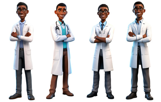 3D render family doctor dark skin character. Happy and dancing cartoon style Isolated on transparent background