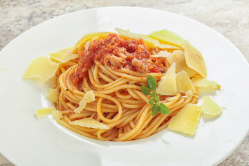 Italian pasta Spaghetti bolognese with parmesan