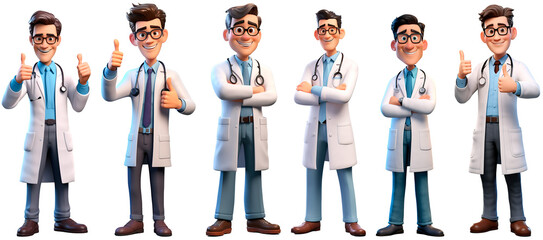 3D render family doctor character. Happy and dancing cartoon style Isolated on transparent background