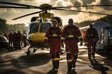Air ambulance, a helicopter and the dedicated medical crew. This scene represents the critical role of aerial medical services in providing quick, lifesaving care during emergencies.