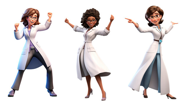 3D render family doctor woman character. Happy and dancing cartoon style Isolated on transparent background