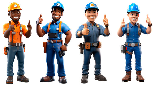 3D render worker man Electrician character cartoon style Isolated on transparent background