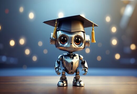 Little cute robot wearing graduation cap