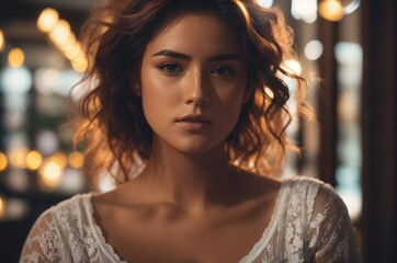 Fototapeta premium Portrait of a beautiful woman in cinematic style, brunette 