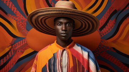 Obraz premium A black man wearing traditional cultural attire, conical straw hat, loose clothes, colorful african attire