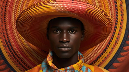A black man wearing traditional cultural attire, conical straw hat, loose clothes, colorful african attire