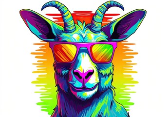 Muzzle of a fashionable goat in the style of pop art. Illustration of billy-goat wearing sunglasses on white background. Animal fashion. Colorful painting of he-goat. Printable design for t-shirts etc